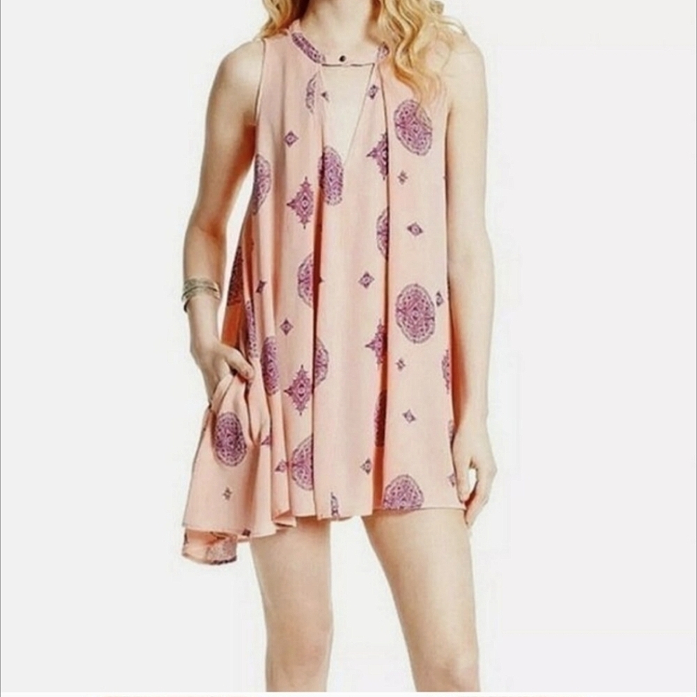 Free People Peach & Purple Tree Swing Tunic Keyhole Dress Size S